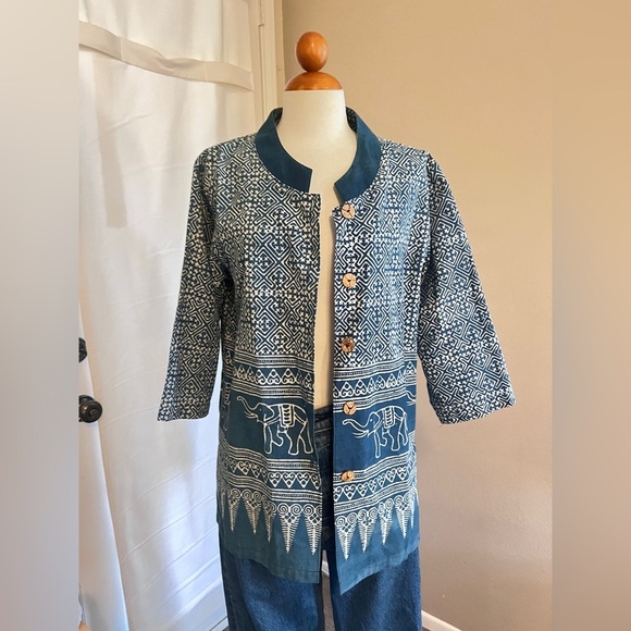 Paluang Indigo Home Elephant Print Batik Button Down Shirt - Picture 1 of 4